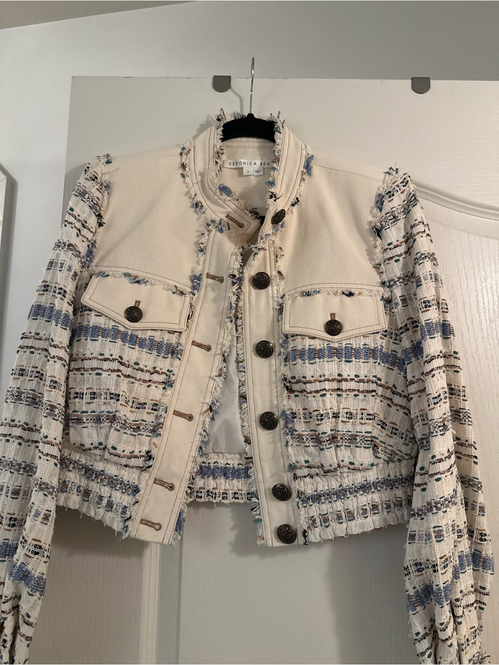 Veronica Beard Cream and Blue Tweed Crop Jacket with Frayed Trim